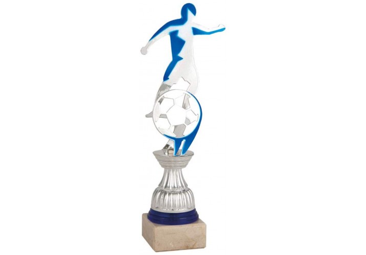 Trofeos fútbol grabados futbolista plateado y azul