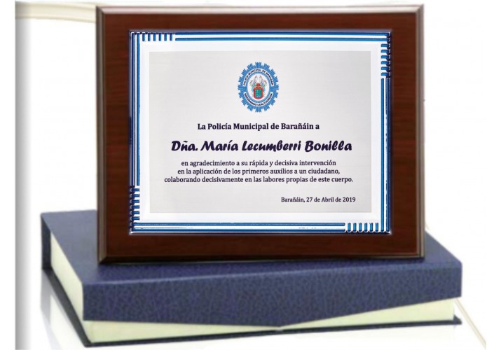Placa homenaje plateada y azul FS-524 grabada